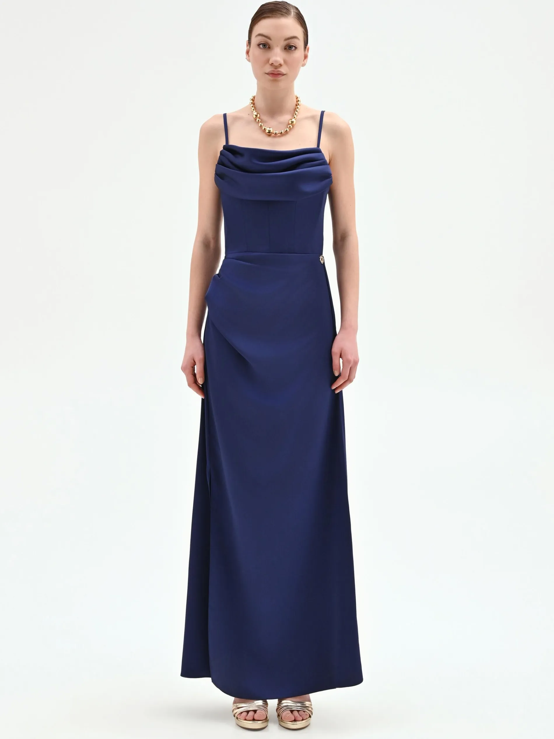 ABITO ATELIER LUNGO BLU INDACO CON CORPETTO DRAPPEGGIATO