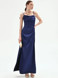 ABITO ATELIER LUNGO BLU INDACO CON CORPETTO DRAPPEGGIATO