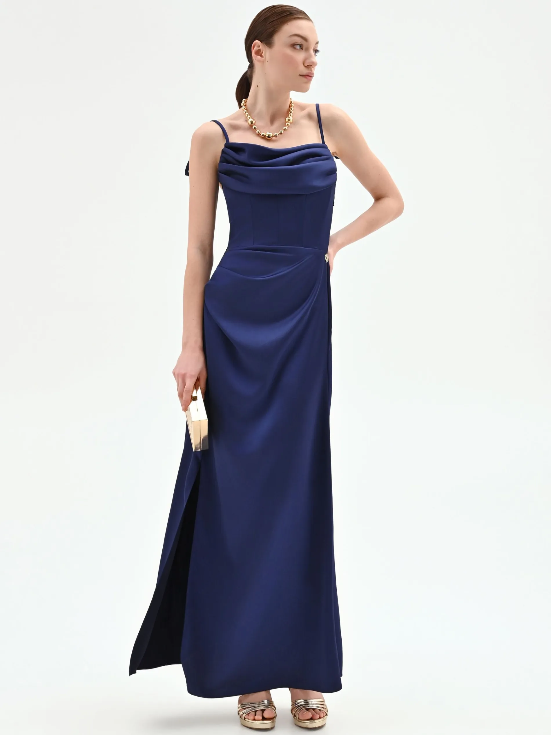 ABITO ATELIER LUNGO BLU INDACO CON CORPETTO DRAPPEGGIATO