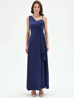ABITO ATELIER LUNGO BLU INDACO CON NODO DRAPPEGGIATO