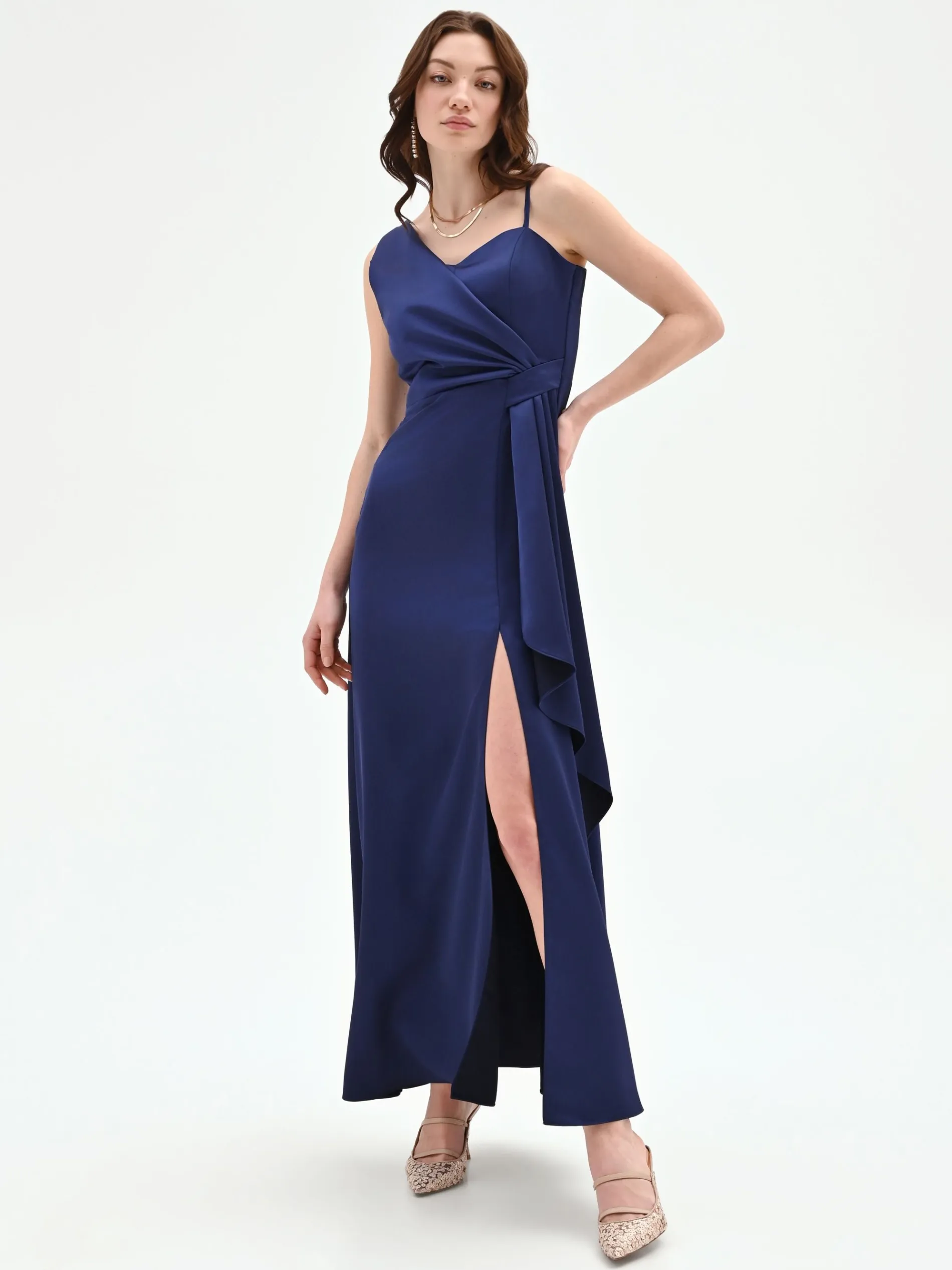 ABITO ATELIER LUNGO BLU INDACO CON NODO DRAPPEGGIATO