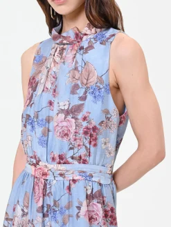 ABITO CORTO AZZURRO CON FANTASIA FLOREALE E BALZE