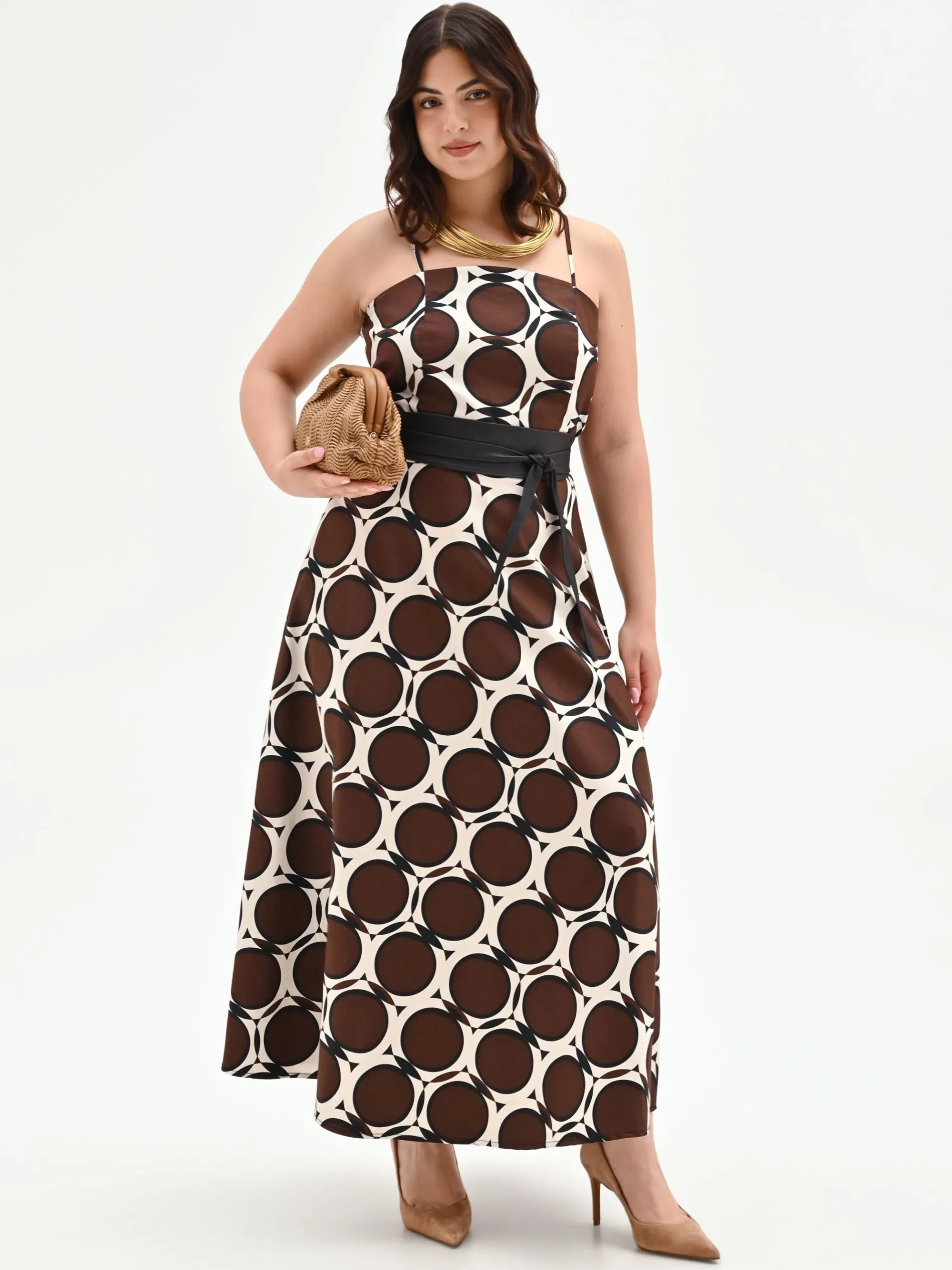 ABITO CURVY LUNGO CIOCCOLATO CON FANTASIA GEOMETRICA