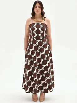 ABITO CURVY LUNGO CIOCCOLATO CON FANTASIA GEOMETRICA