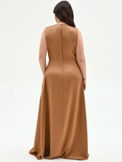 ABITO CURVY LUNGO MARRONE BRONZO CON SCOLLO DRAPPEGGIATO