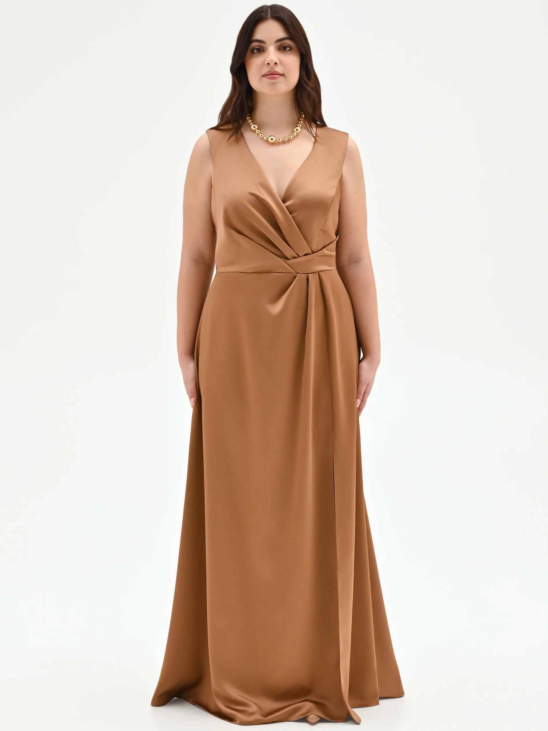 ABITO CURVY LUNGO MARRONE BRONZO CON SCOLLO DRAPPEGGIATO