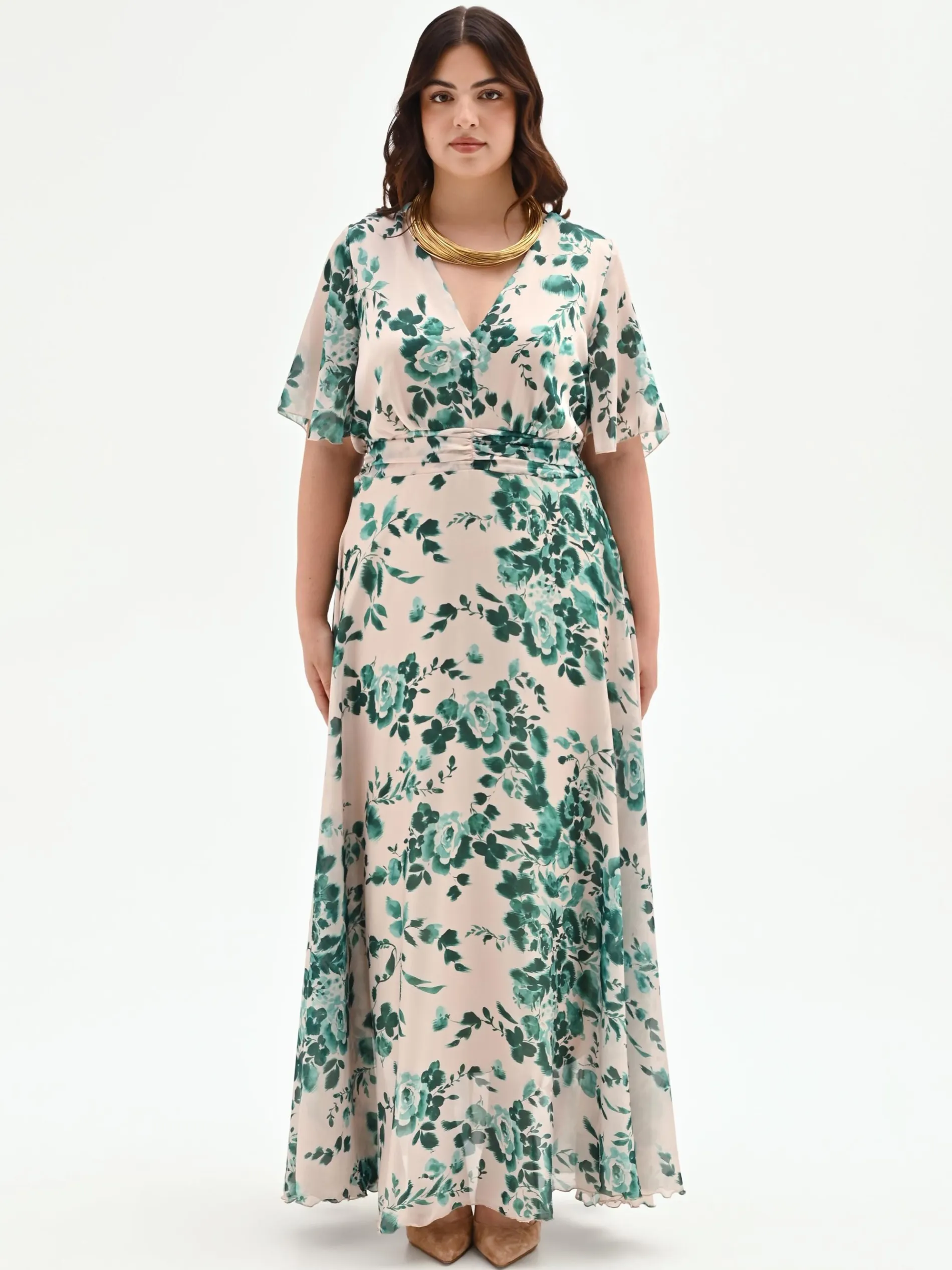 ABITO CURVY LUNGO VERDE CON STAMPA FLOREALE