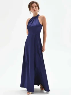 ABITO LUNGO ATELIER BLU INDACO CON COLLO ALTO DRAPPEGGIATO