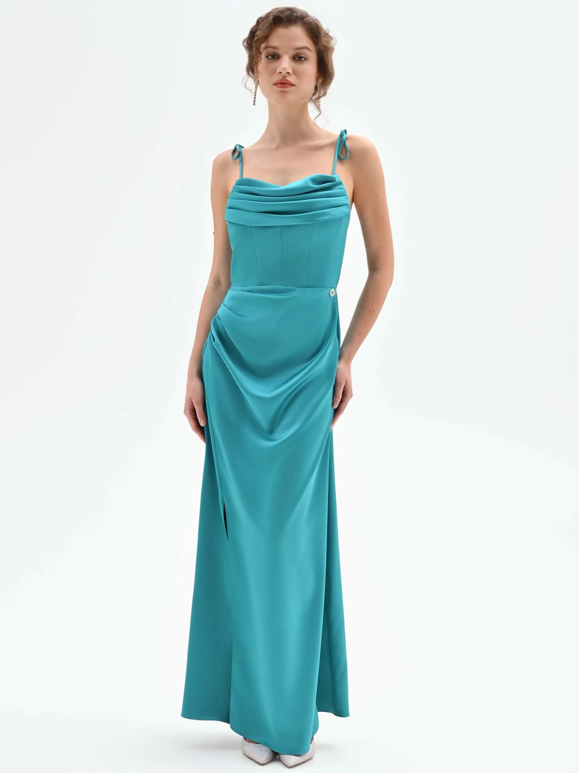 ABITO LUNGO ATELIER VERDE SMERALDO CON SCOLLO DRAPPEGGIATO