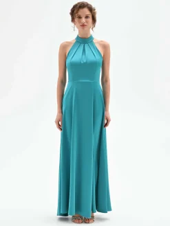 ABITO LUNGO ATELIER VERDE SMERALDO IN RASO CON SCOLLO ALL'AMERICANA