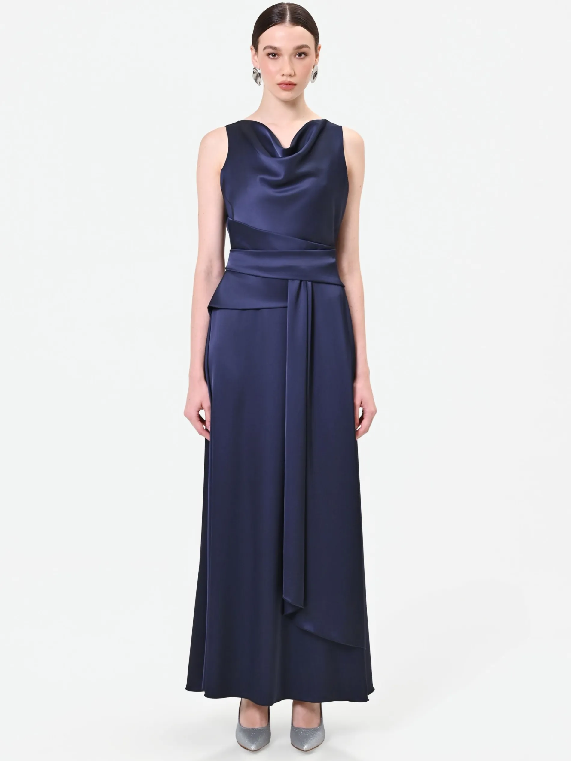 ABITO LUNGO BLU NAVY CON SCOLLO DRAPPEGGIATO