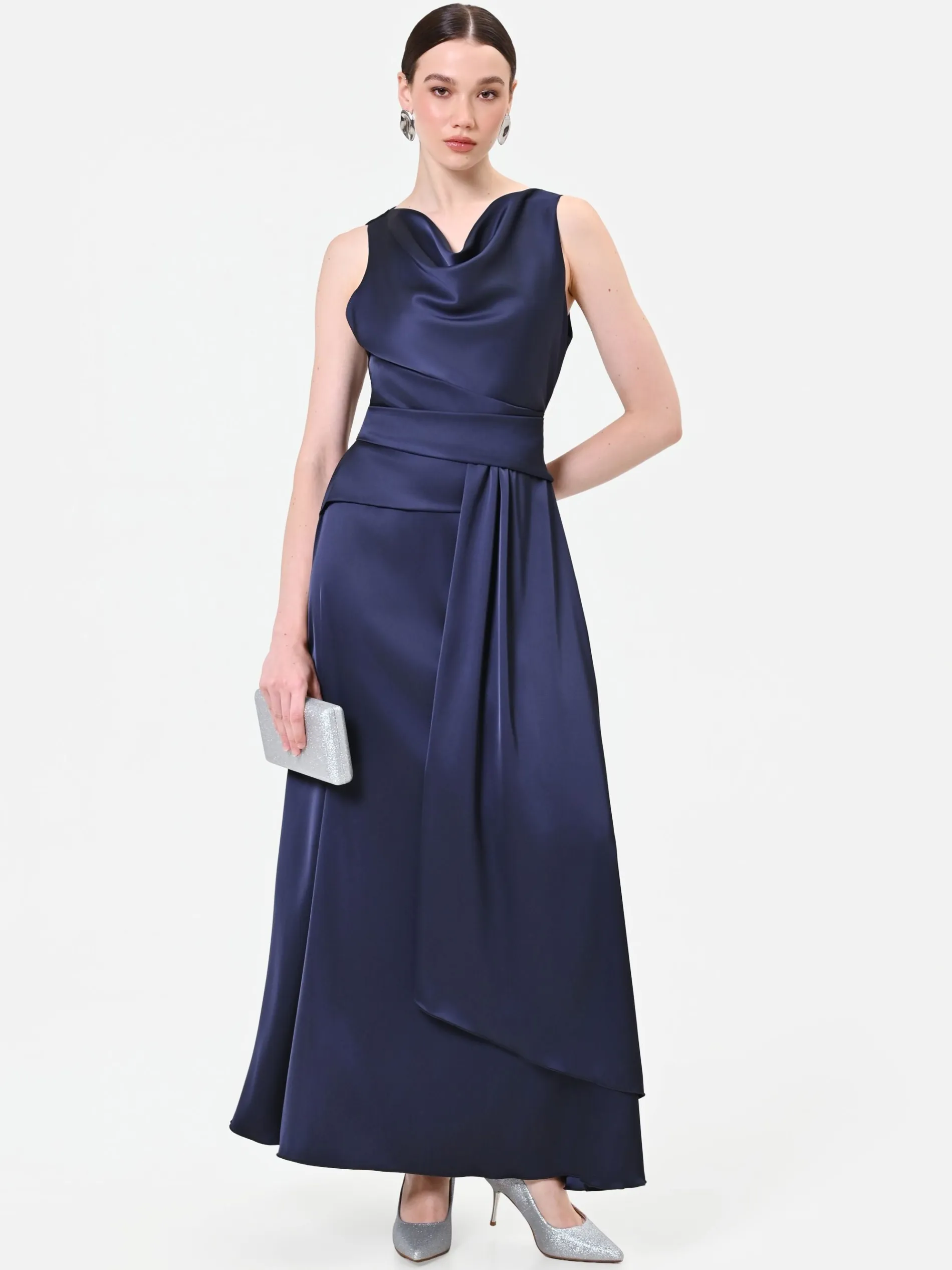 ABITO LUNGO BLU NAVY CON SCOLLO DRAPPEGGIATO
