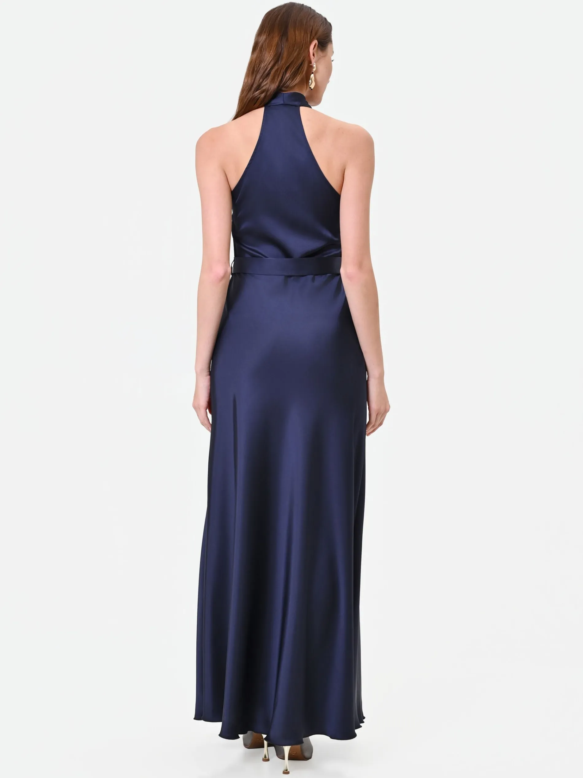 ABITO LUNGO BLU NAVY CON SCOLLO ALL'AMERICANA DRAPPEGGIATO