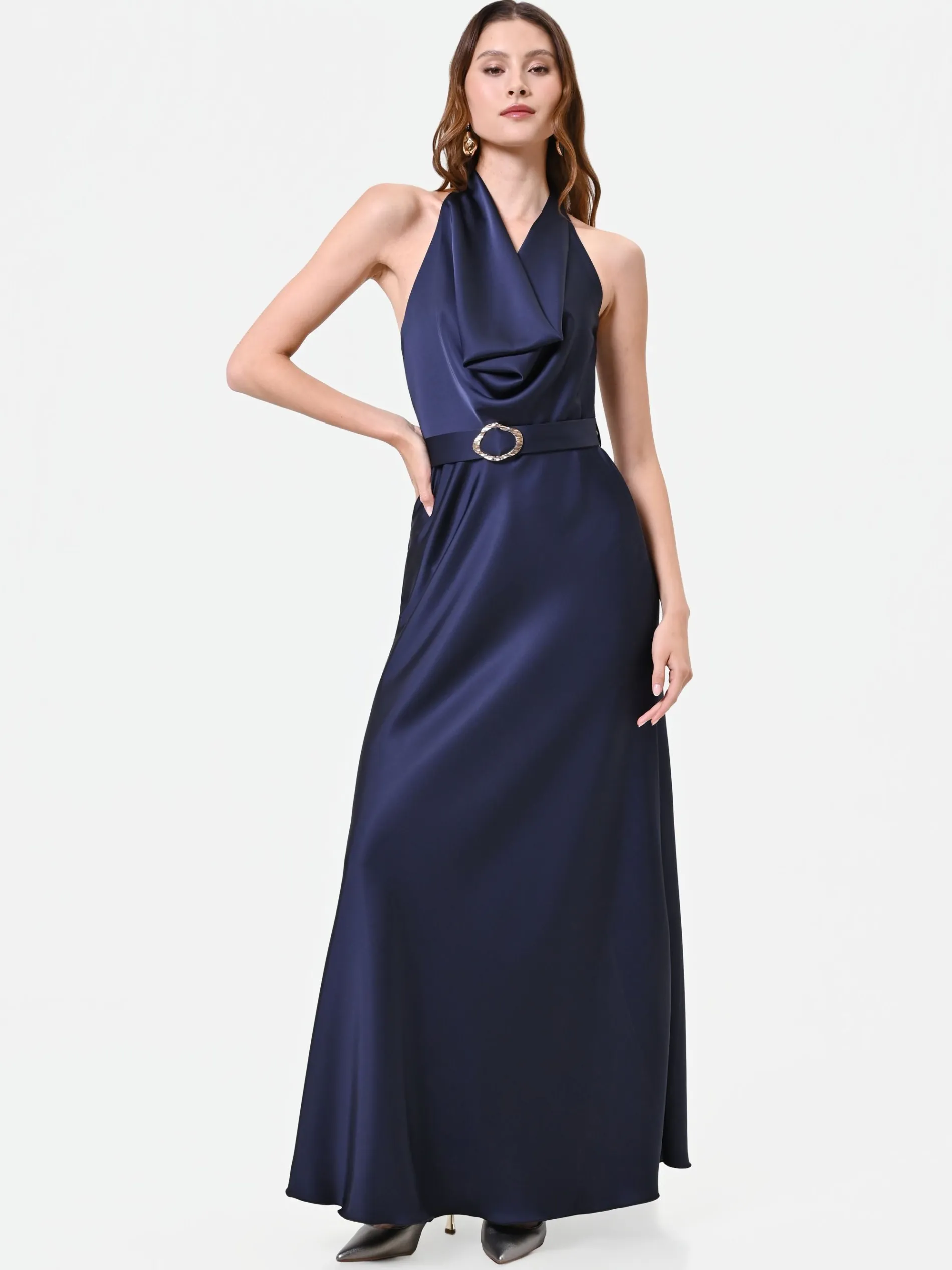 ABITO LUNGO BLU NAVY CON SCOLLO ALL'AMERICANA DRAPPEGGIATO