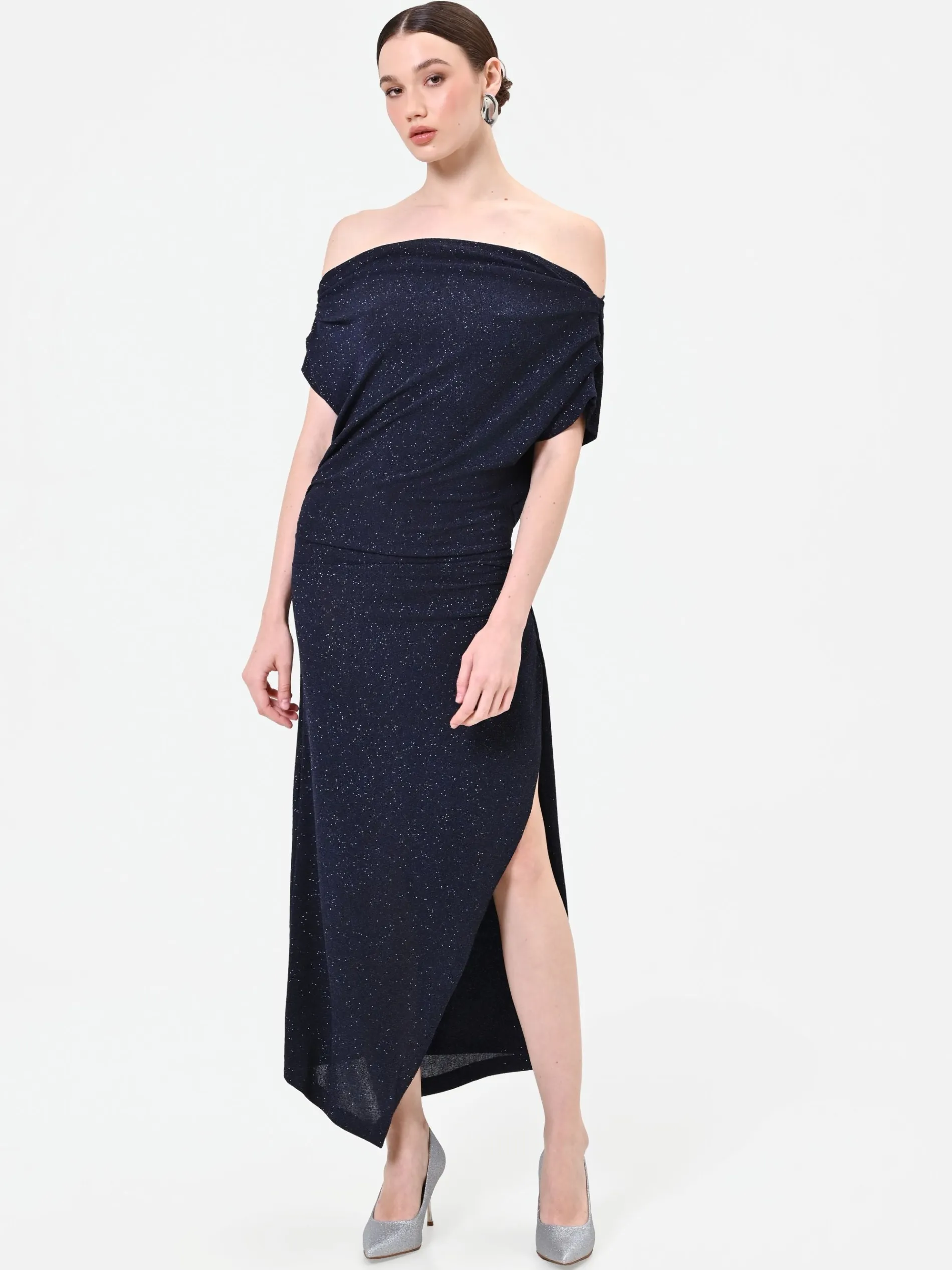 ABITO LUNGO BLU NAVY GLITTER CON SCOLLO DRAPPEGGIATO