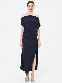 ABITO LUNGO BLU NAVY GLITTER CON SCOLLO DRAPPEGGIATO
