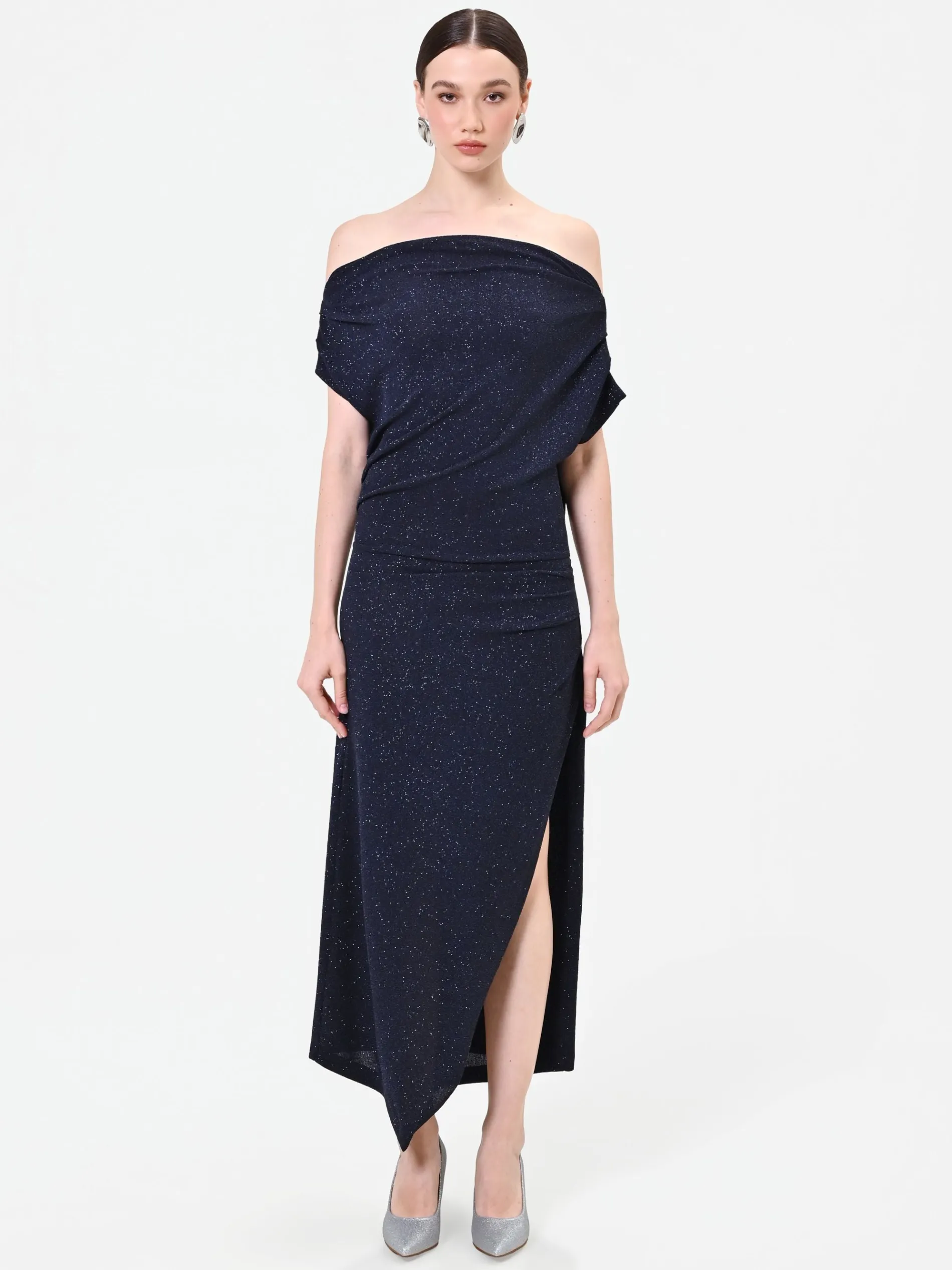 ABITO LUNGO BLU NAVY GLITTER CON SCOLLO DRAPPEGGIATO
