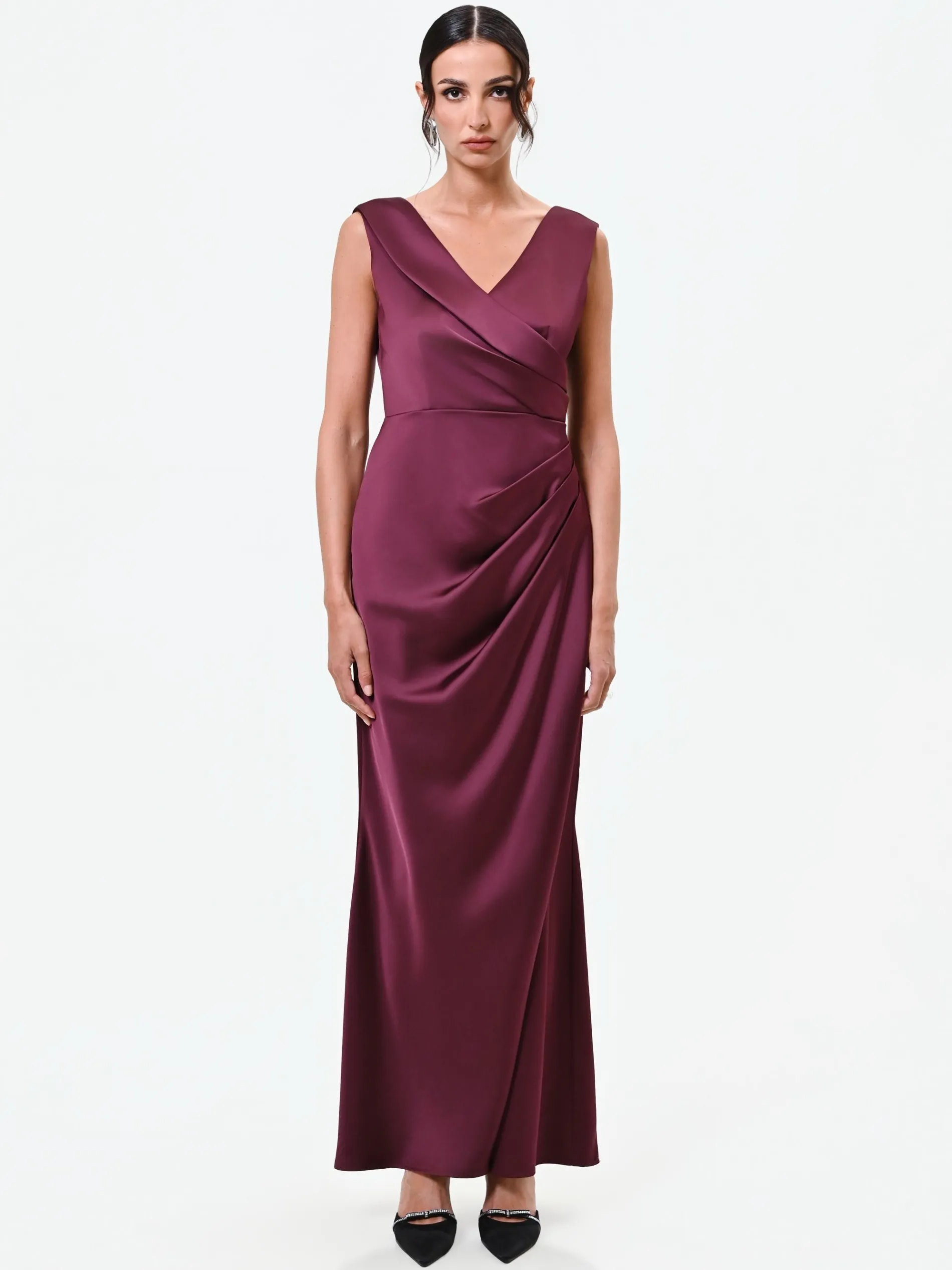 ABITO LUNGO BORDEAUX CON DRAPPEGGIO ASIMMETRICO