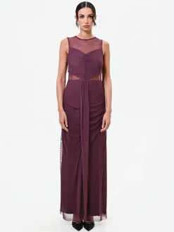 ABITO LUNGO BORDEAUX ROSSO CON CORPINO DRAPPEGGIATO E TULLE
