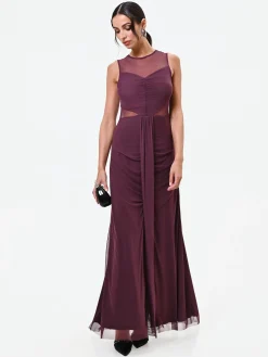 ABITO LUNGO BORDEAUX ROSSO CON CORPINO DRAPPEGGIATO E TULLE