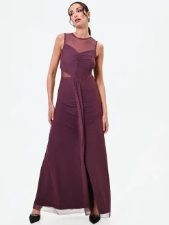 ABITO LUNGO BORDEAUX ROSSO CON CORPINO DRAPPEGGIATO E TULLE