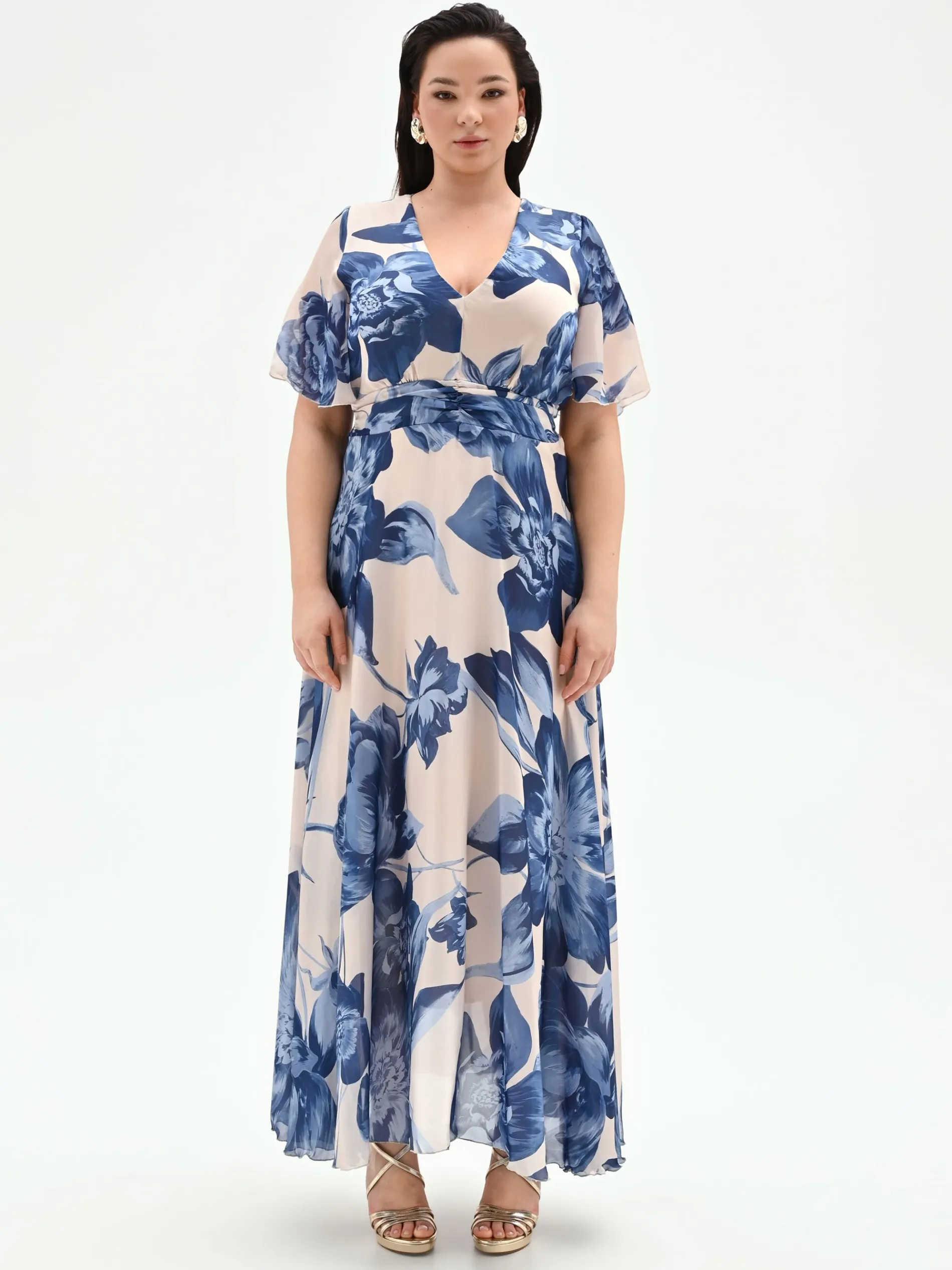 ABITO LUNGO CURVY BLU BRILLANTE CON STAMPA FLOREALE