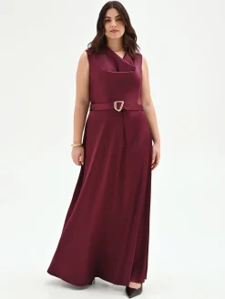 ABITO LUNGO CURVY BORDEAUX CON SCOLLO ASIMMETRICO