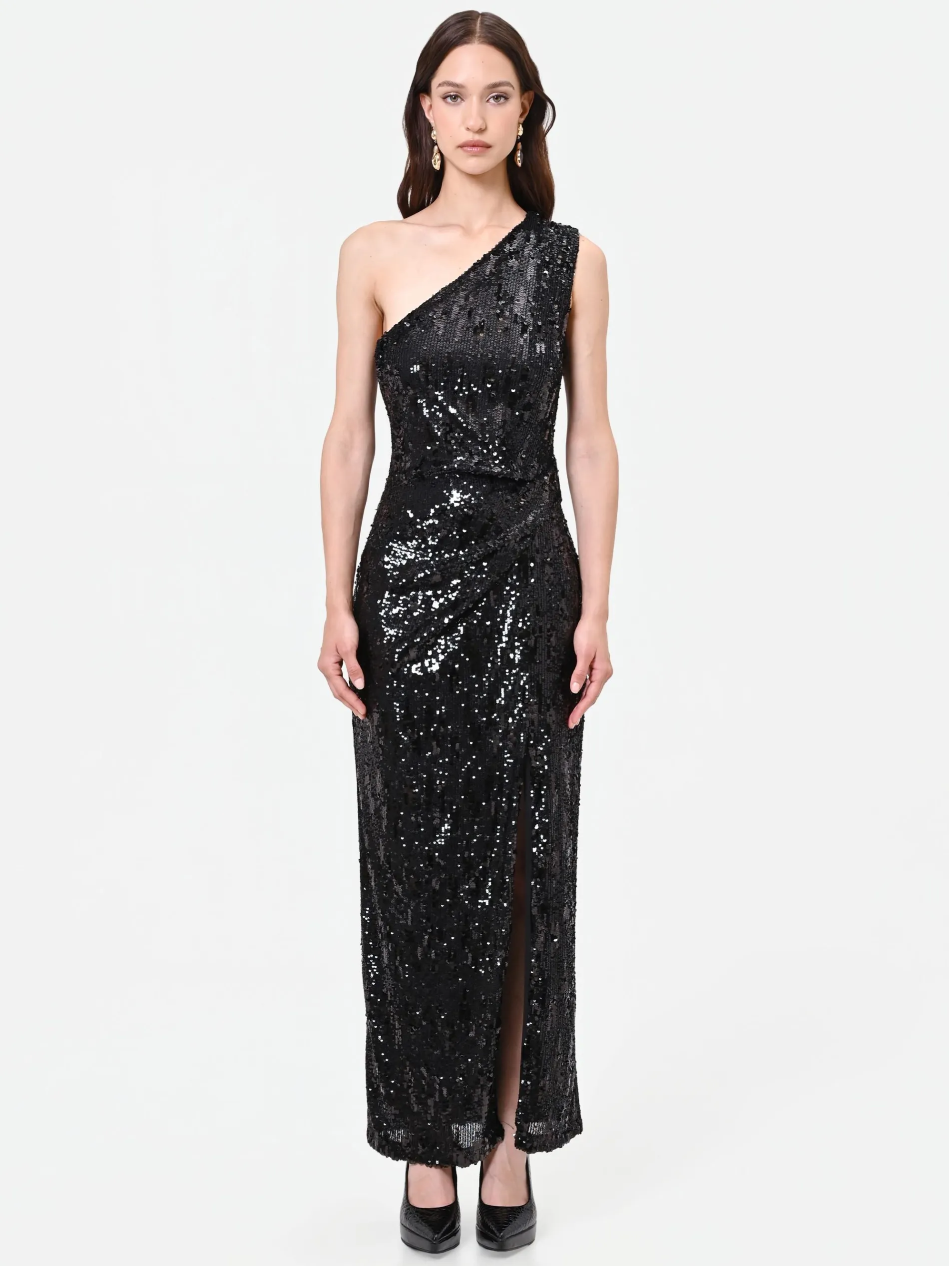 ABITO LUNGO NERO MONOSPALLA CON PAILLETTES