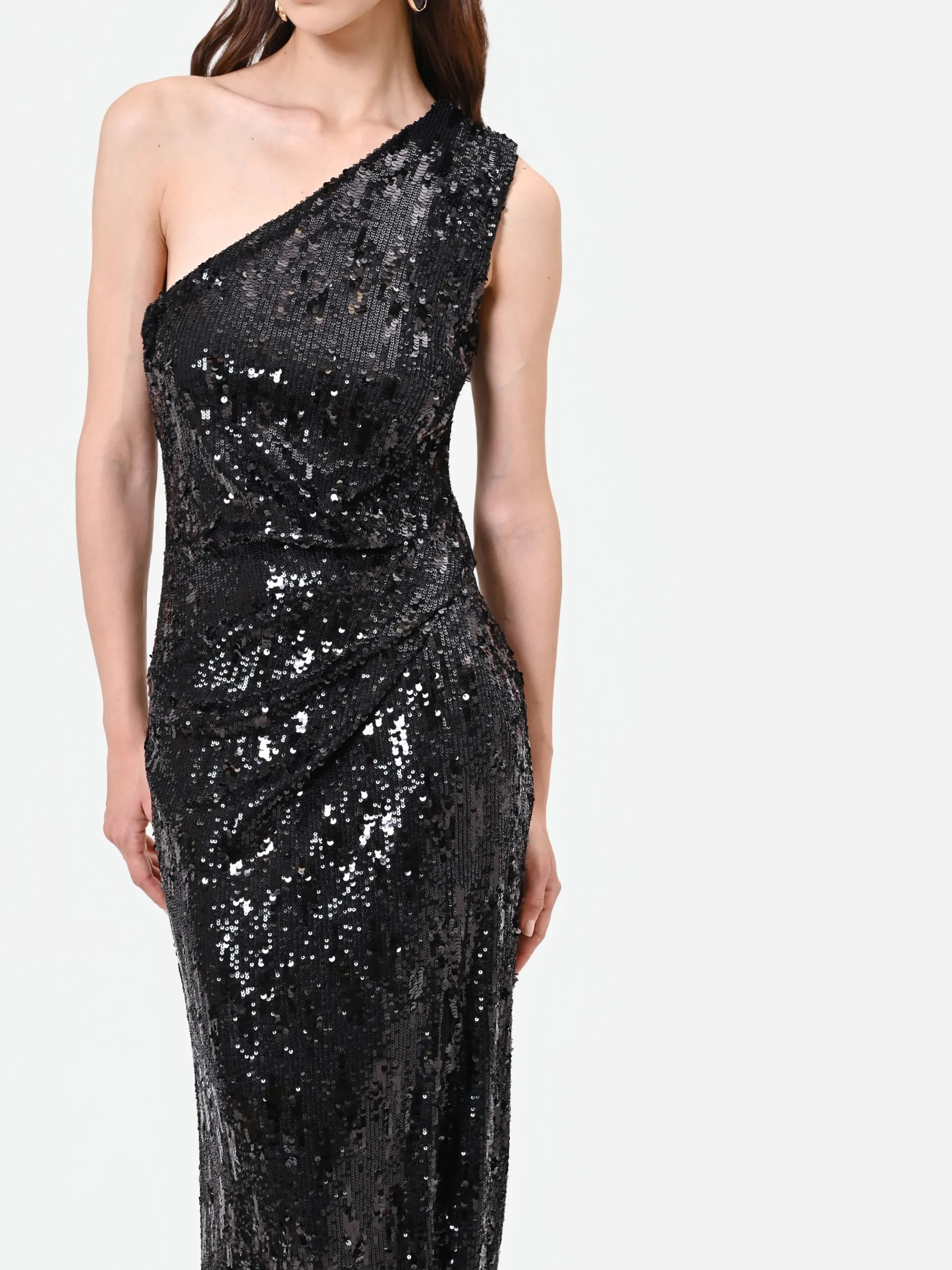 ABITO LUNGO NERO MONOSPALLA CON PAILLETTES