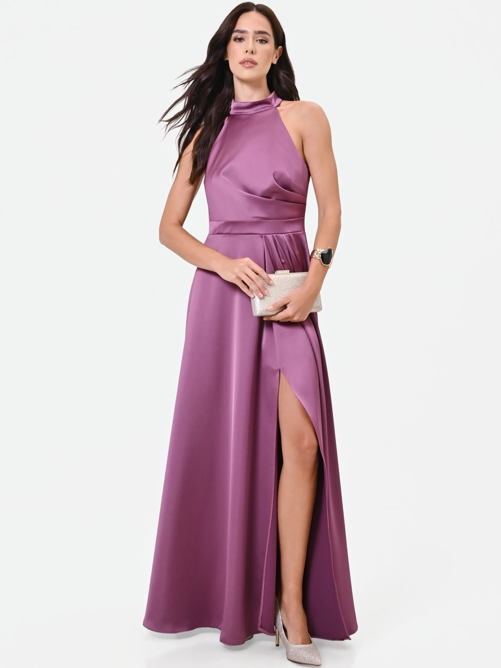 ABITO LUNGO ROSA ANTICO CON SCOLLO HALTER