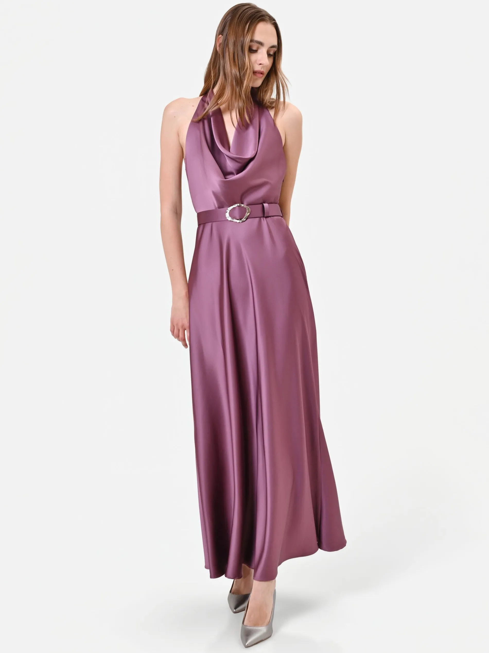 ABITO LUNGO ROSA ANTICO CON SCOLLO DRAPPEGGIATO