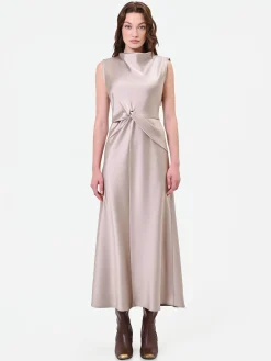 ABITO LUNGO TORTORA BEIGE CON NODO E DRAPPEGGIO