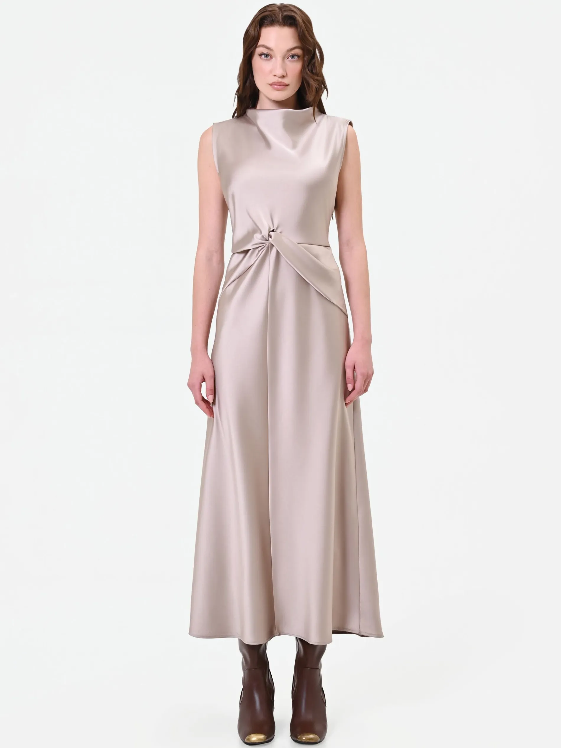 ABITO LUNGO TORTORA BEIGE CON NODO E DRAPPEGGIO