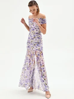 ABITO LUNGO VIOLA LILLA CON STAMPA FLOREALE