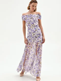 ABITO LUNGO VIOLA LILLA CON STAMPA FLOREALE