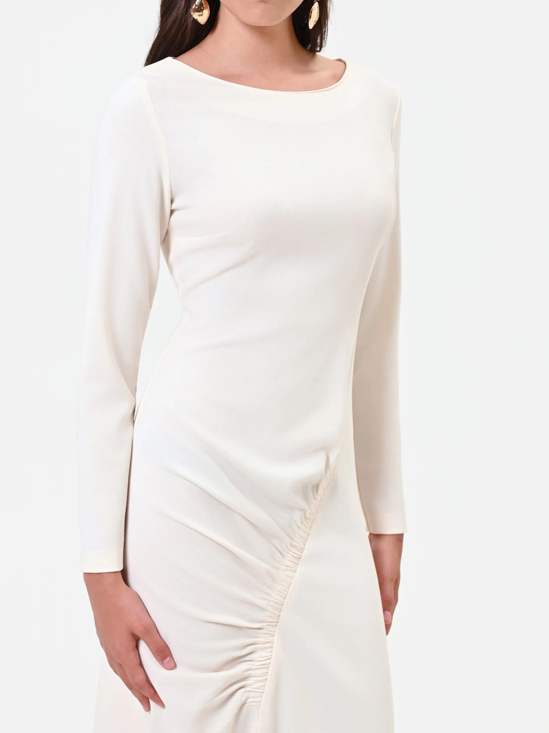 ABITO MIDI BIANCO CON DRAPPEGGIO ASIMMETRICO