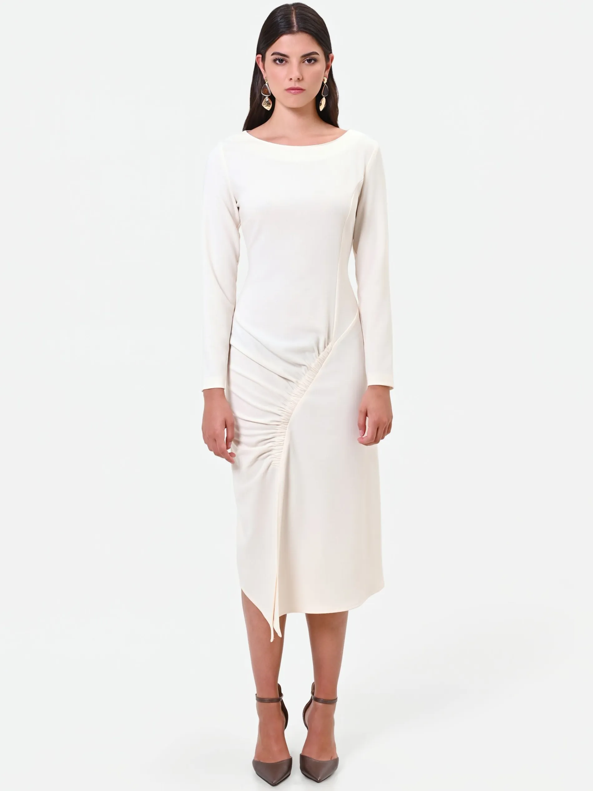 ABITO MIDI BIANCO CON DRAPPEGGIO ASIMMETRICO