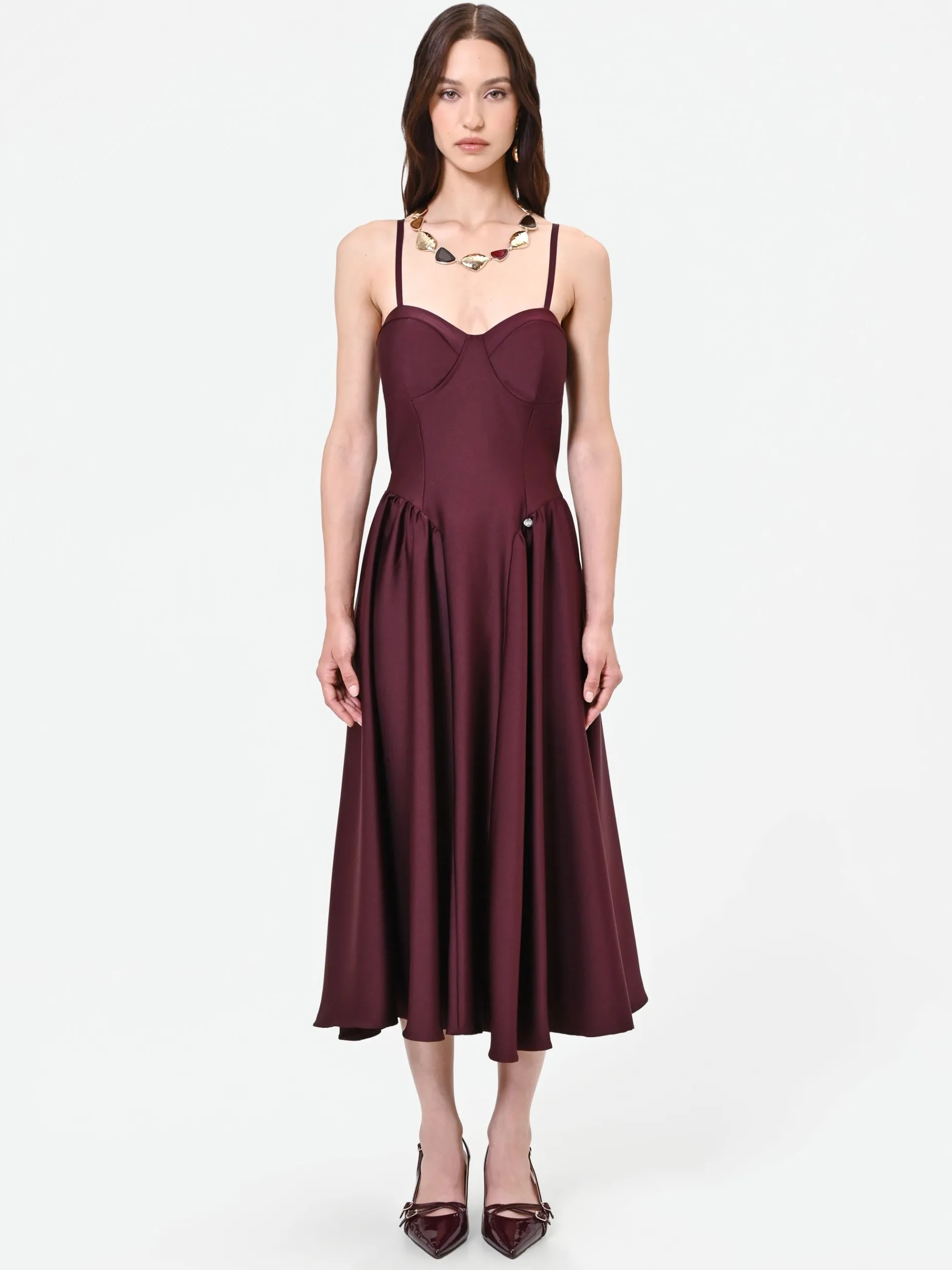 ABITO MIDI BORDEAUX IN RASO CON DETTAGLIO BUSTIER