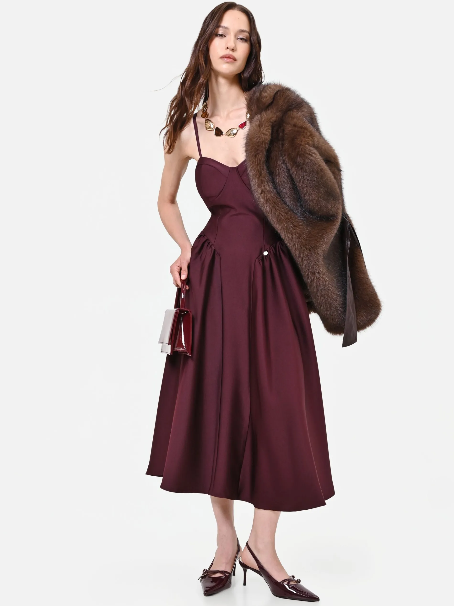 ABITO MIDI BORDEAUX IN RASO CON DETTAGLIO BUSTIER