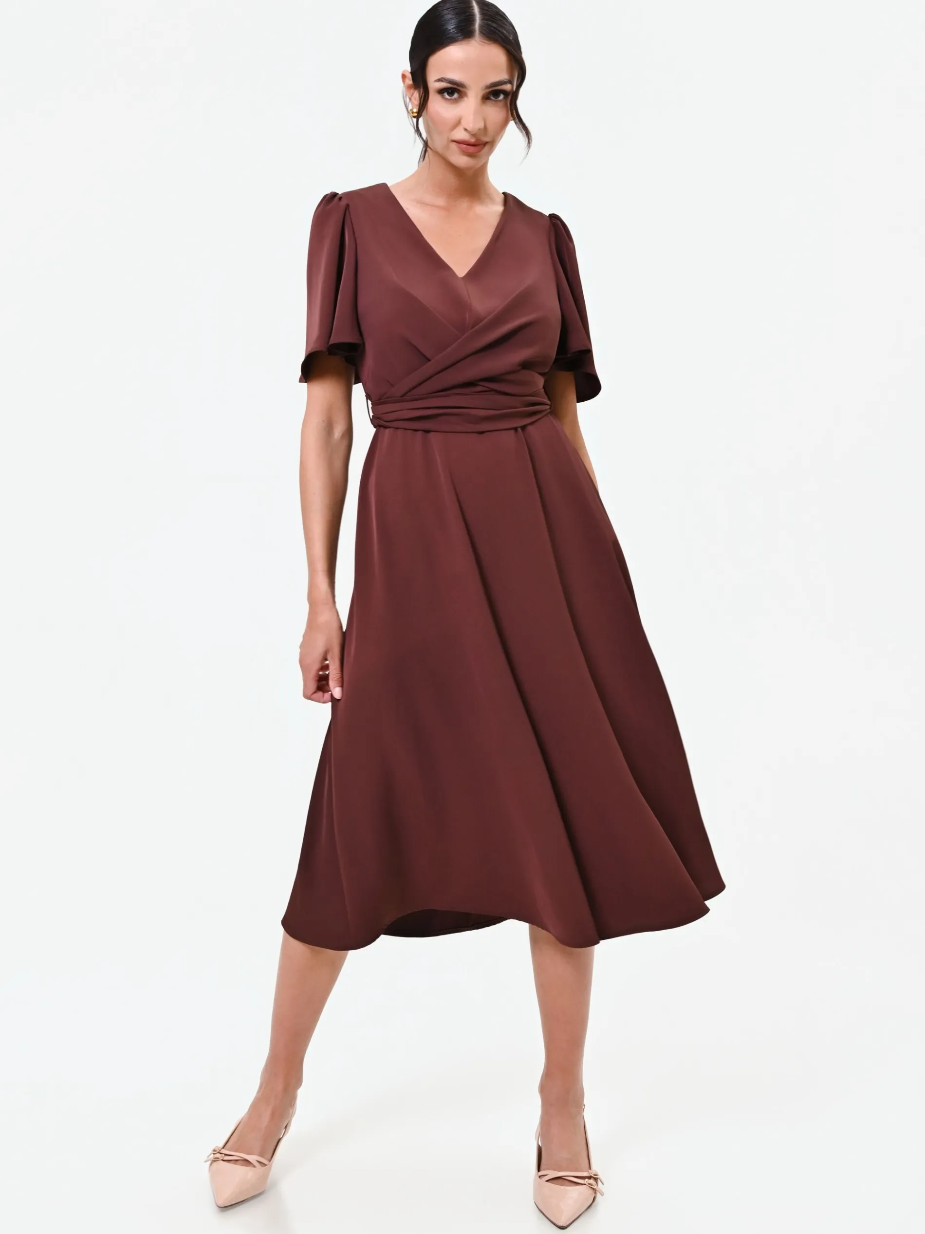 ABITO MIDI MARRONE IN RASO