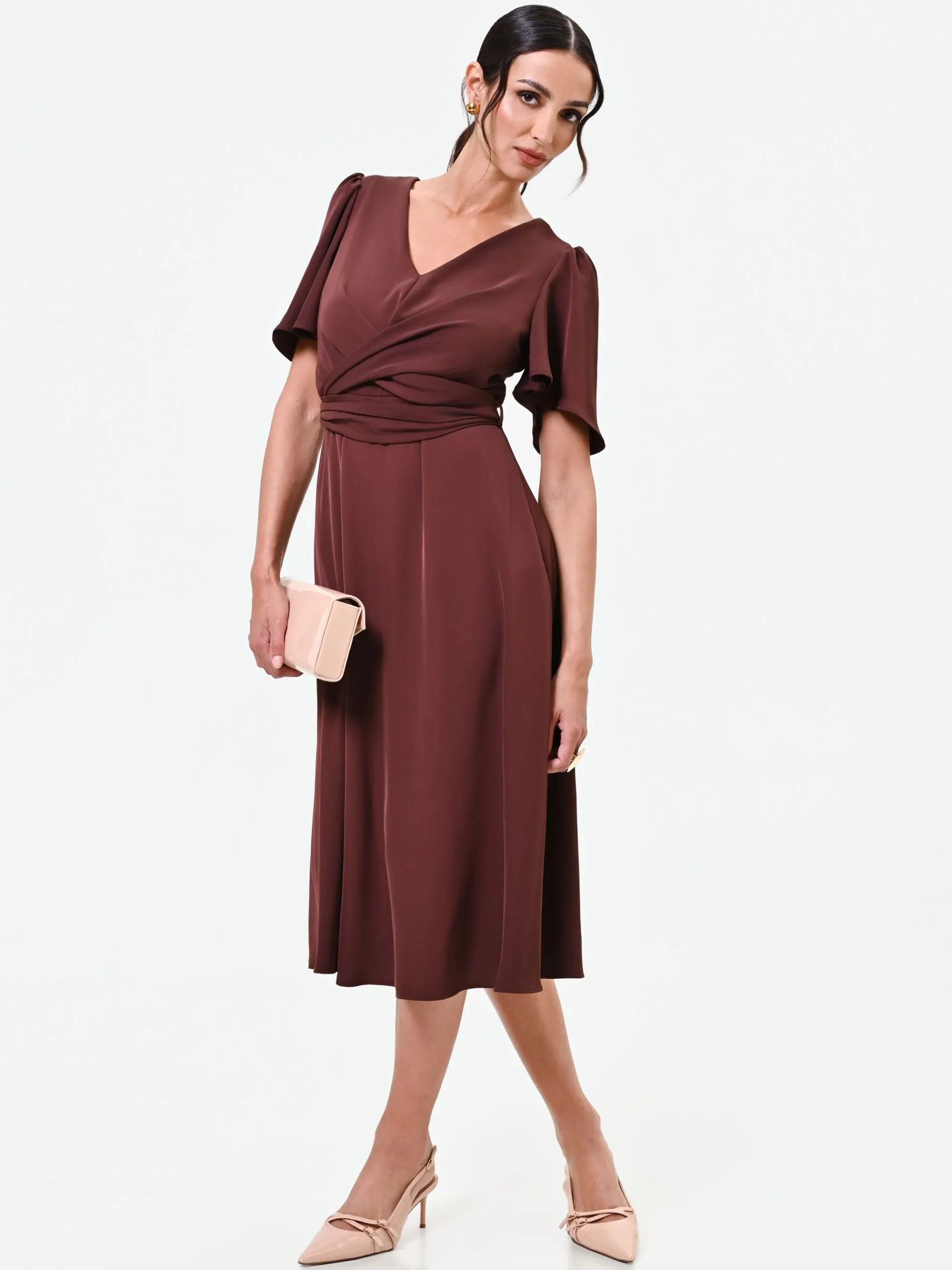 ABITO MIDI MARRONE IN RASO