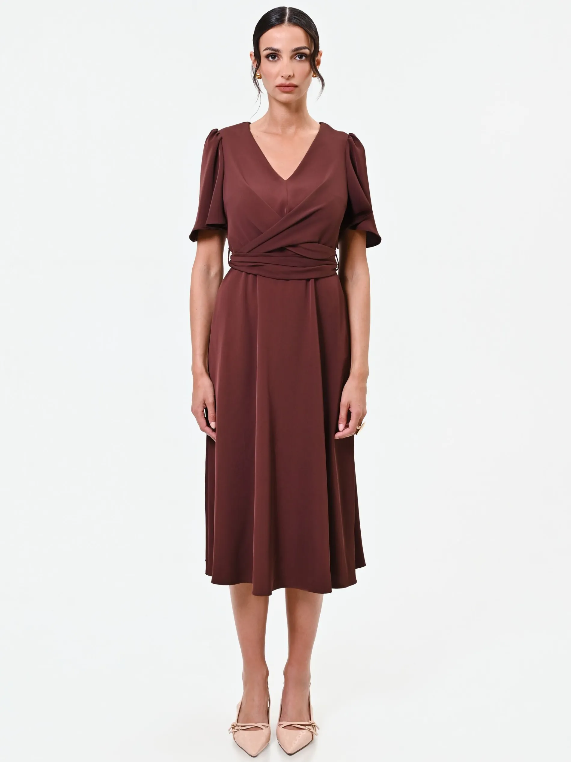 ABITO MIDI MARRONE IN RASO