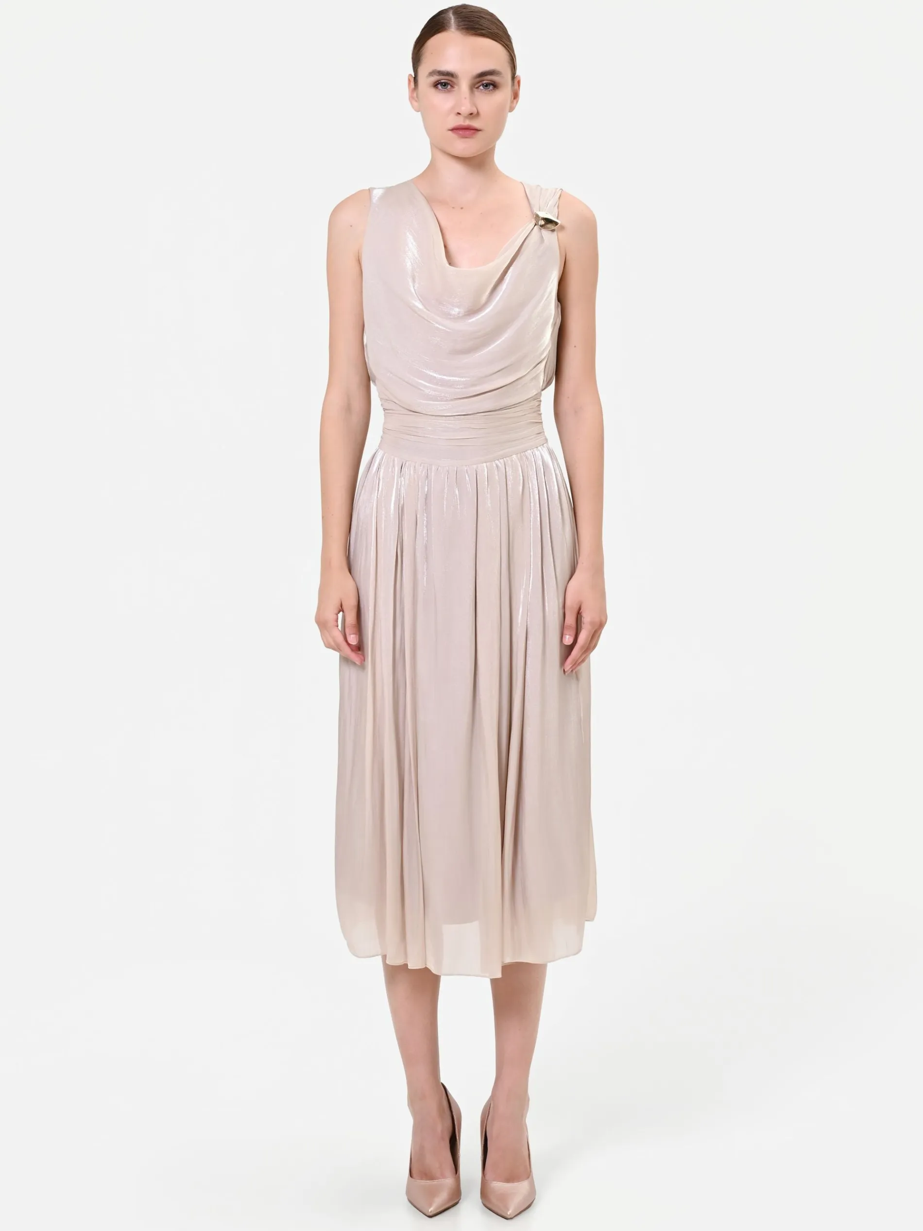 ABITO MIDI TORTORA BEIGE CON SCOLLO DRAPPEGGIATO