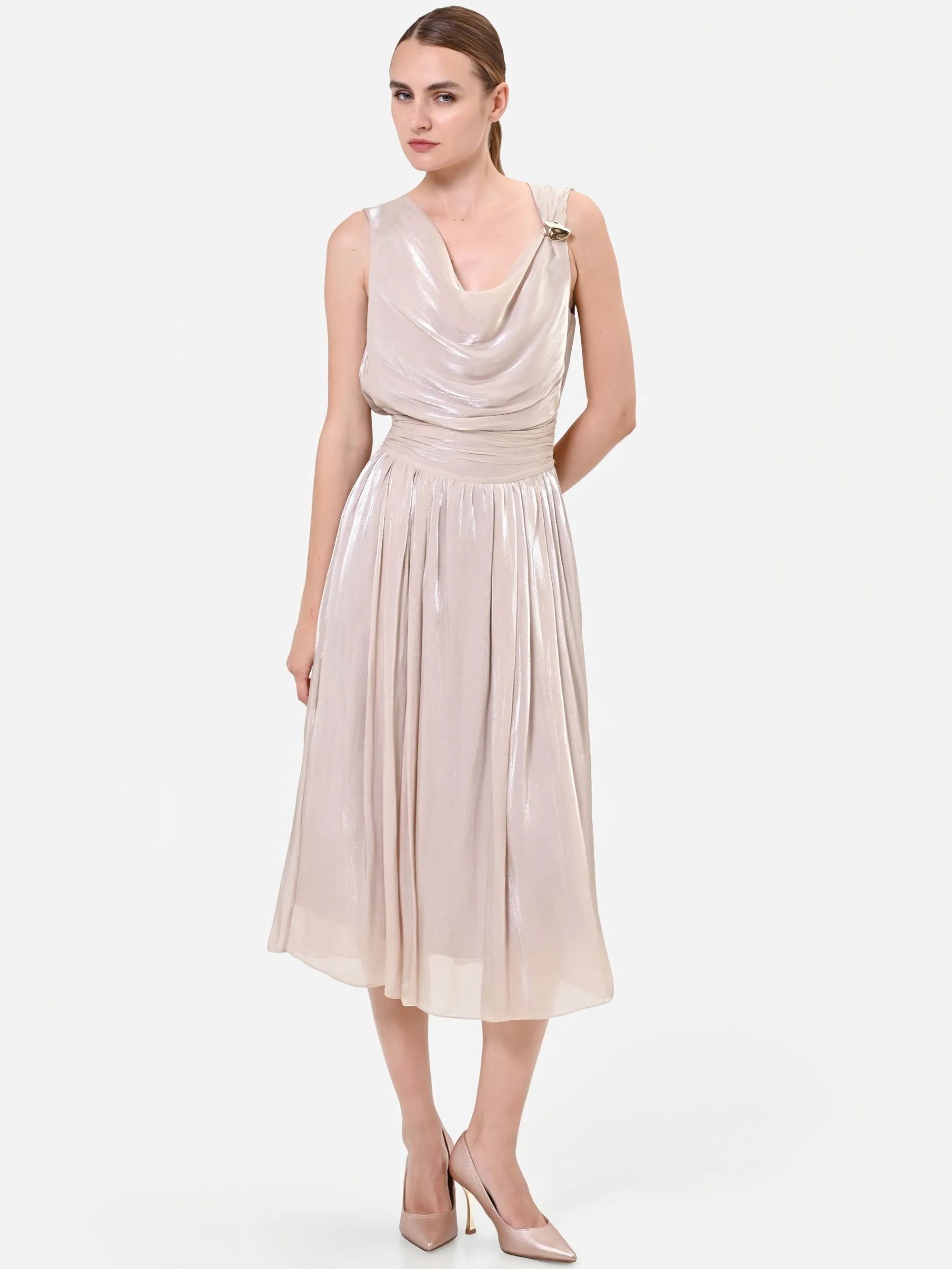 ABITO MIDI TORTORA BEIGE CON SCOLLO DRAPPEGGIATO