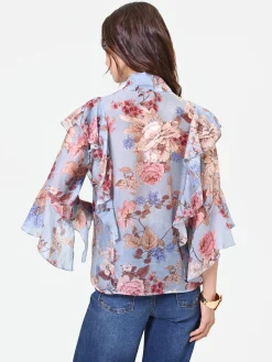 BLUSA AZZURRA CON FANTASIA FLOREALE E FIOCCO