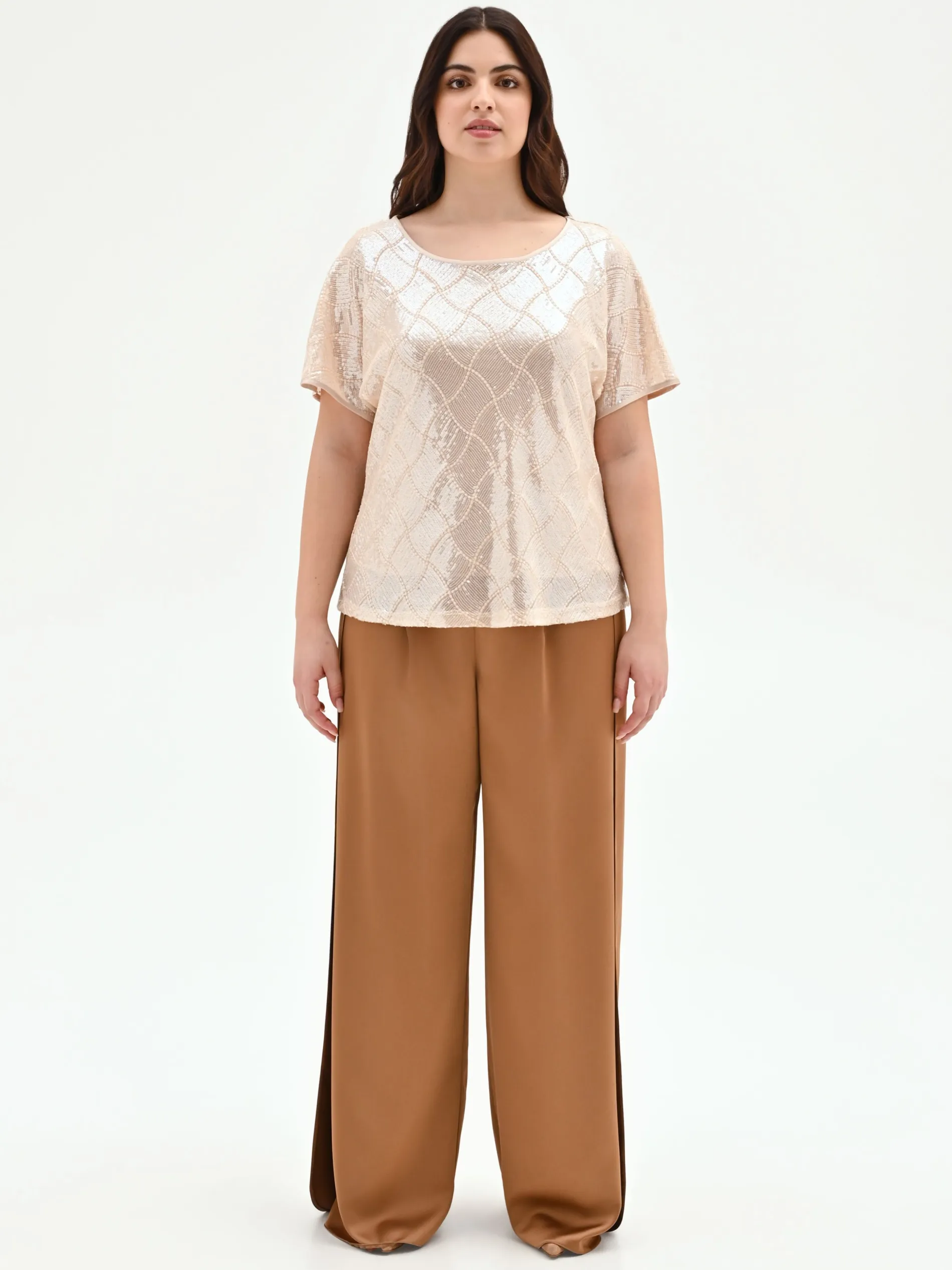 BLUSA CURVY BEIGE CHIARO CON PAILLETTES ALL OVER