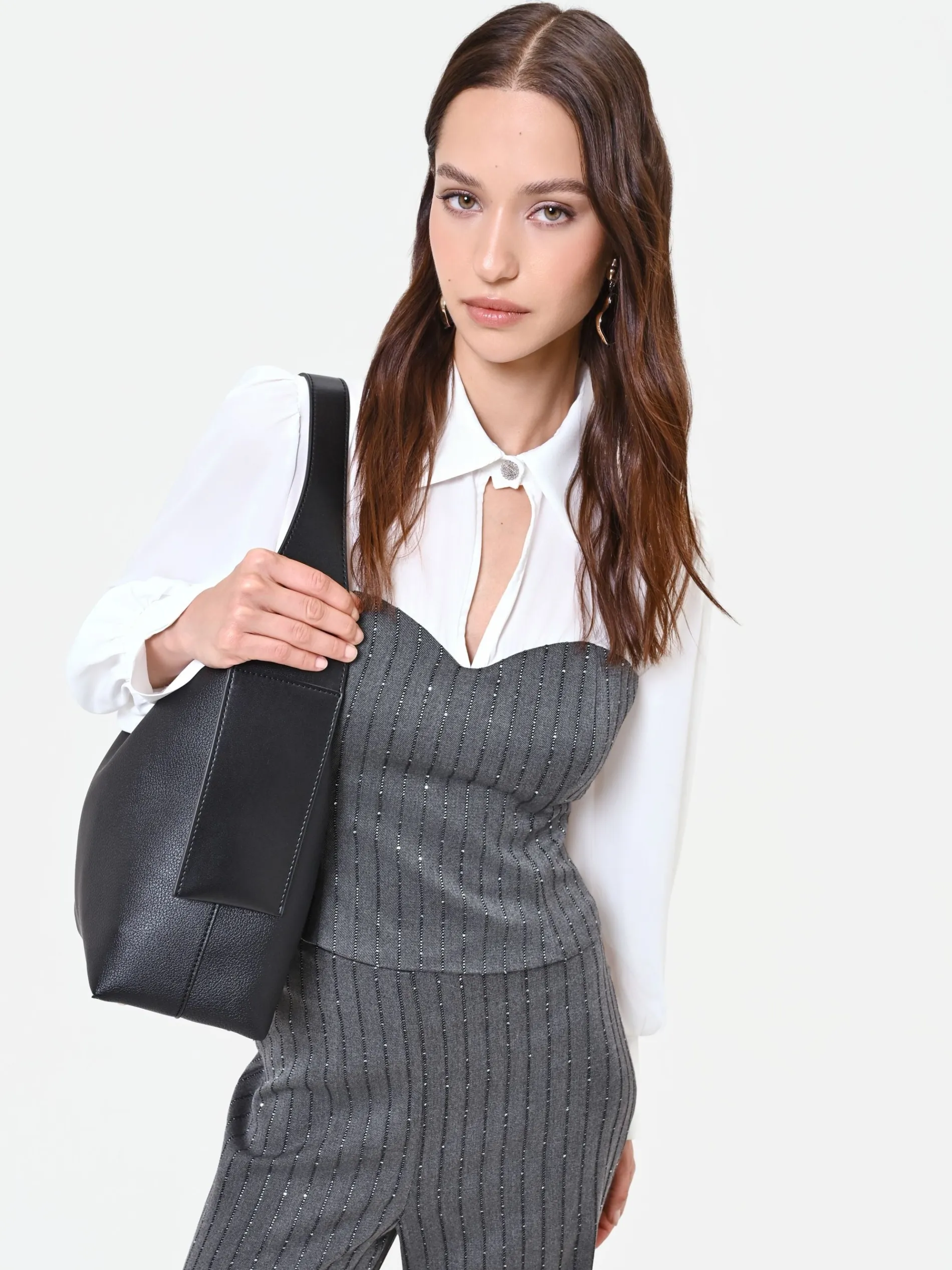 BLUSA GRIGIA CON BUSTIER GESSATO E PAILLETTES