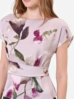 BLUSA IN RASO TORTORA BEIGE CON STAMPA FLOREALE