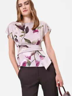 BLUSA IN RASO TORTORA BEIGE CON STAMPA FLOREALE