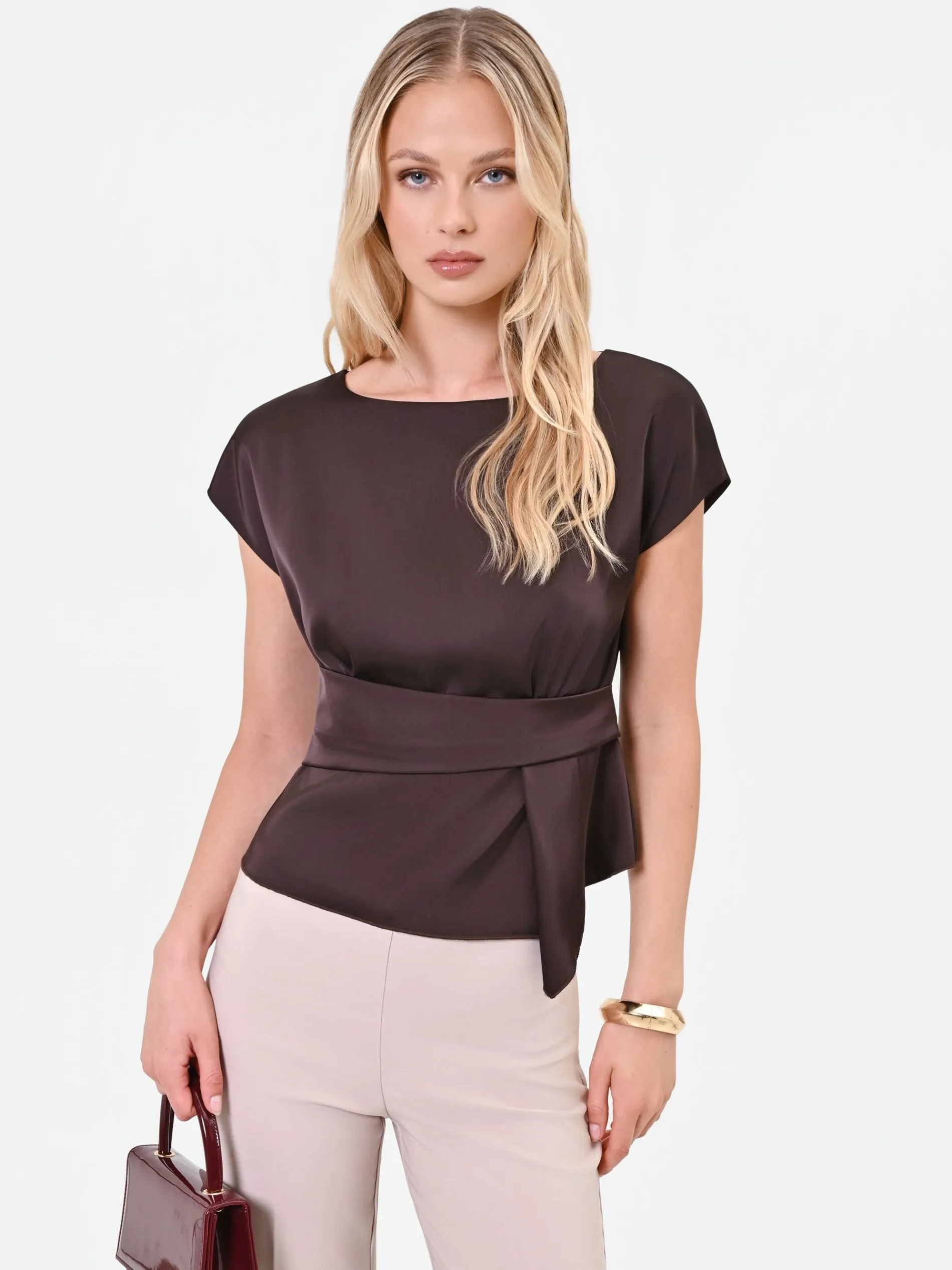 BLUSA MORO MARRONE IN RASO CON DETTAGLIO INCROCIATO